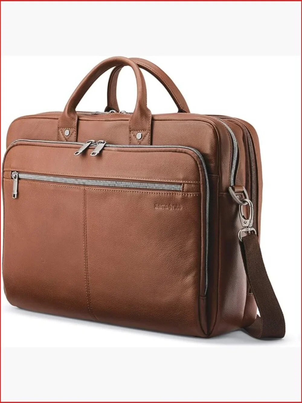Top Grain Leather Toploader Briefcase with Padded Laptop Sleeve